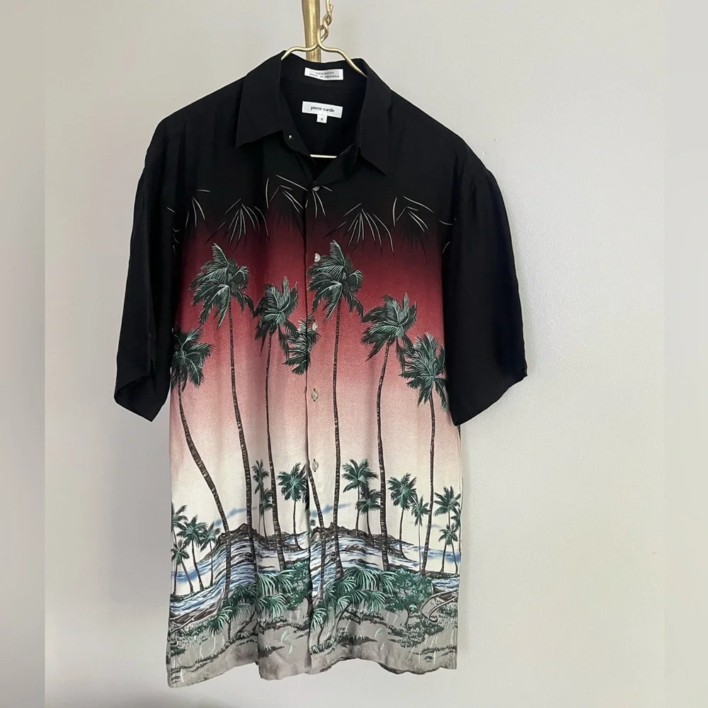 Pierre Cardin Black and Red Palm vacation summer tropical Shirt S